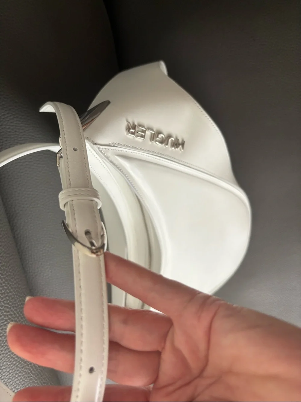 Mugler White Crescent Shoulder Bag with Textured Logo